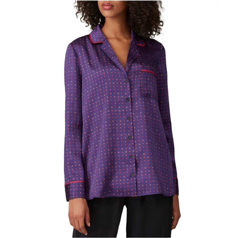 Thakoon Satin Geometric Dot Button Down Long Sleeve Blouse Blue 0